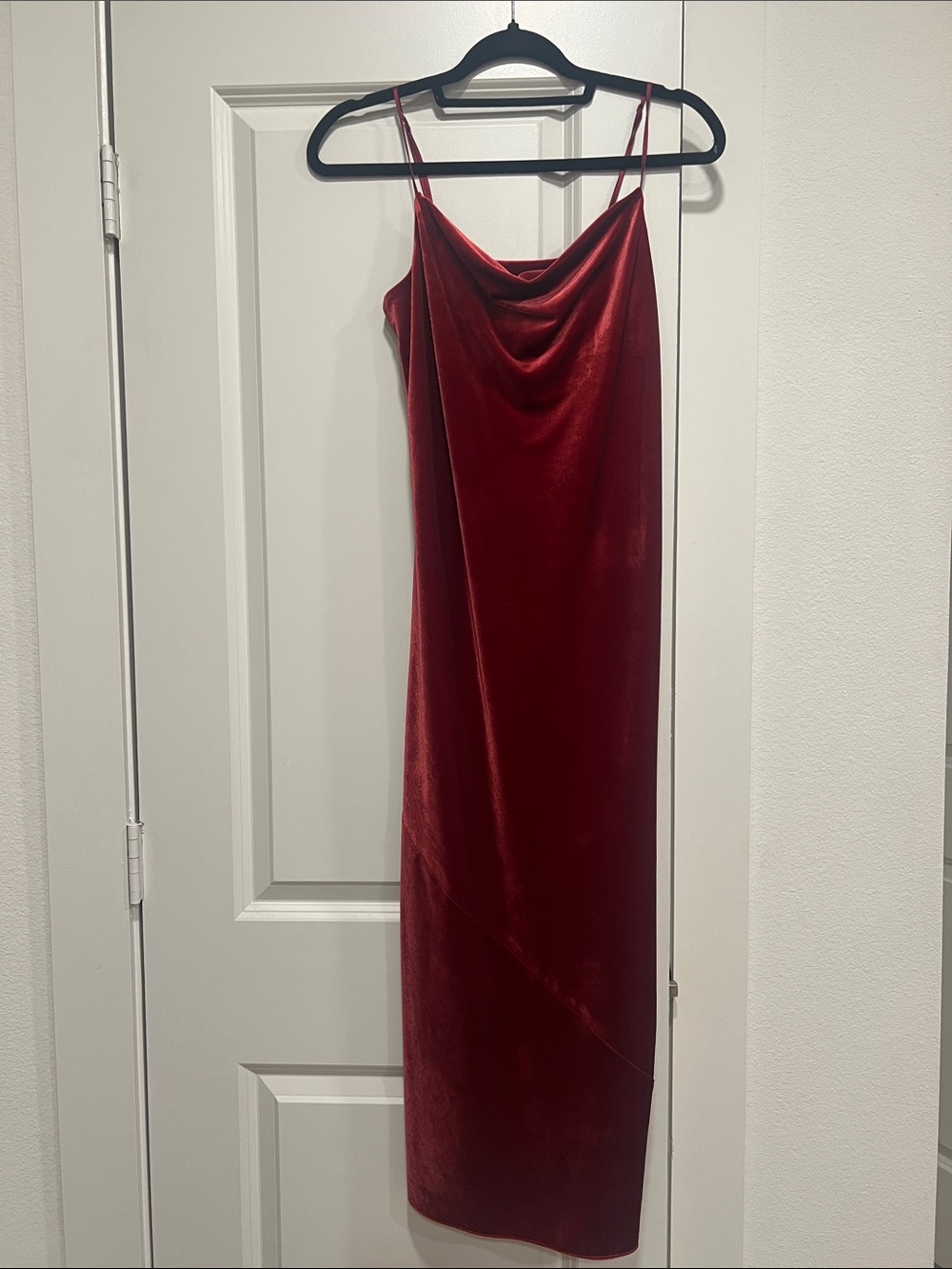 Red Velvet Cowl Slip Dress with Slit - Womens